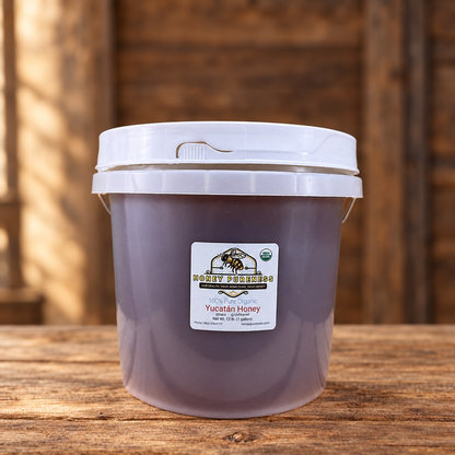 Raw Organic Yucatán honey 12 lb (1 gallon) bucket on a rustic wood table