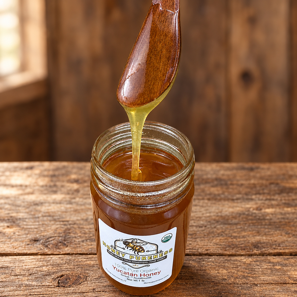 Raw Organic Yucatán honey 1 lb jar with honey spoon on a rustic wood table