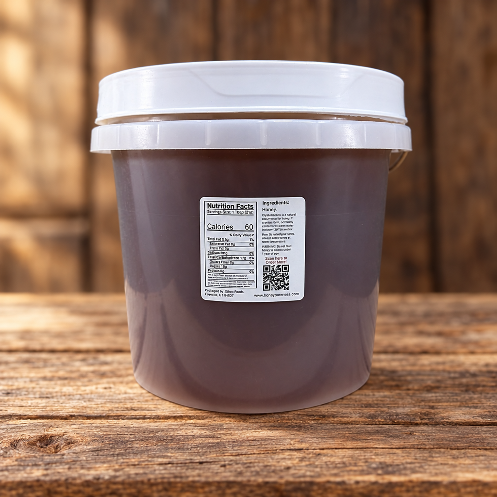 Raw Organic Yucatán honey 12 lb (1 gallon) bucket back label on a rustic wood table