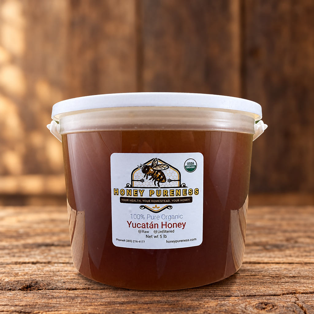 Raw Organic Yucatán honey 5 lb bucket on a rustic wood table