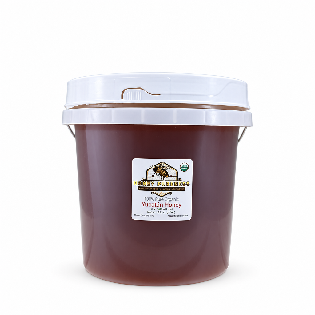 Raw Organic Yucatán honey 12 lb (1 gallon) bucket on a white background