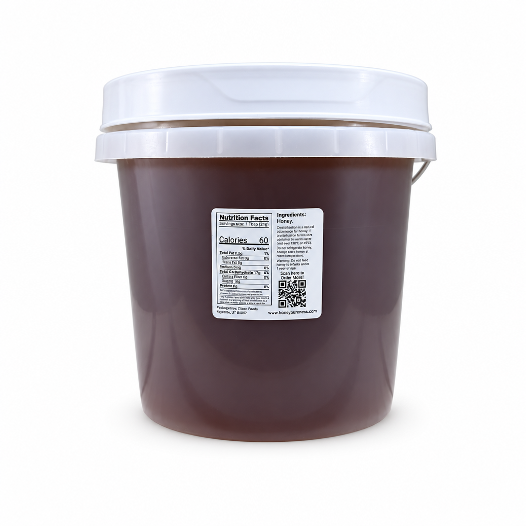 Raw Organic Yucatán honey 12 lb (1 gallon) bucket back label on a white background