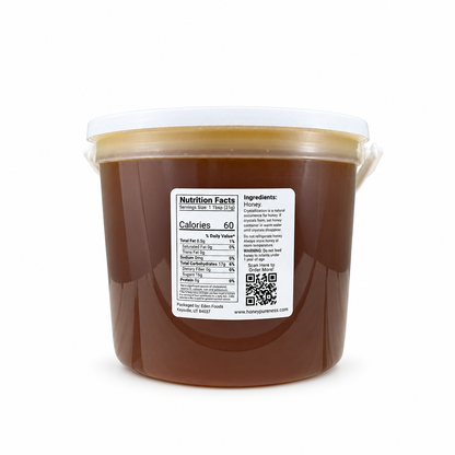 Raw Organic Yucatán honey 5 lb bucket back label on a white background